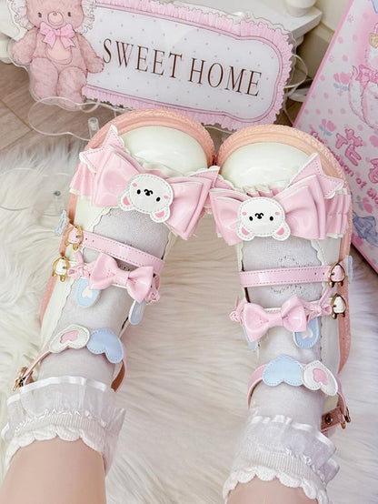 Delicate Heart Details, Bow Accents & Ruffles Trim PU White Bear Themed 3cm Flat Mary Janes in Sweet Lolita