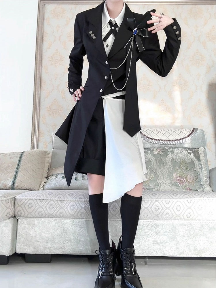 Ouji Lolita White and Black Eight-Piece Set - Asymmetrical Design Coat + Shirt + Shorts + Matching Accessories