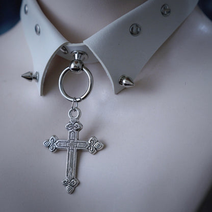 Cross Pendant White Studs Gothic PU Choker