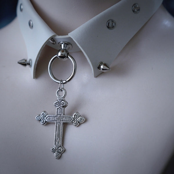 Cross Pendant White Studs Gothic PU Choker