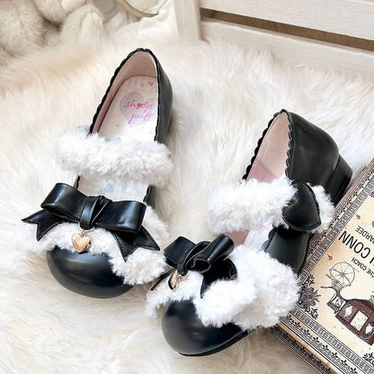 Plush Velcro Strap Black Bow at Top Flats