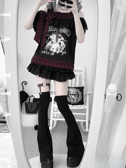 Yami Kawaii Angel Kitten Print Off-the-shoulder Neckline Black and Red Plaid T-Shirt