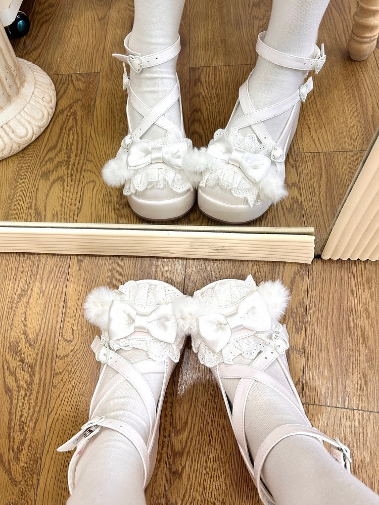 White Crisscross Design Plush Bunny Ear Decorated Bow at Top Platforms With Pompon