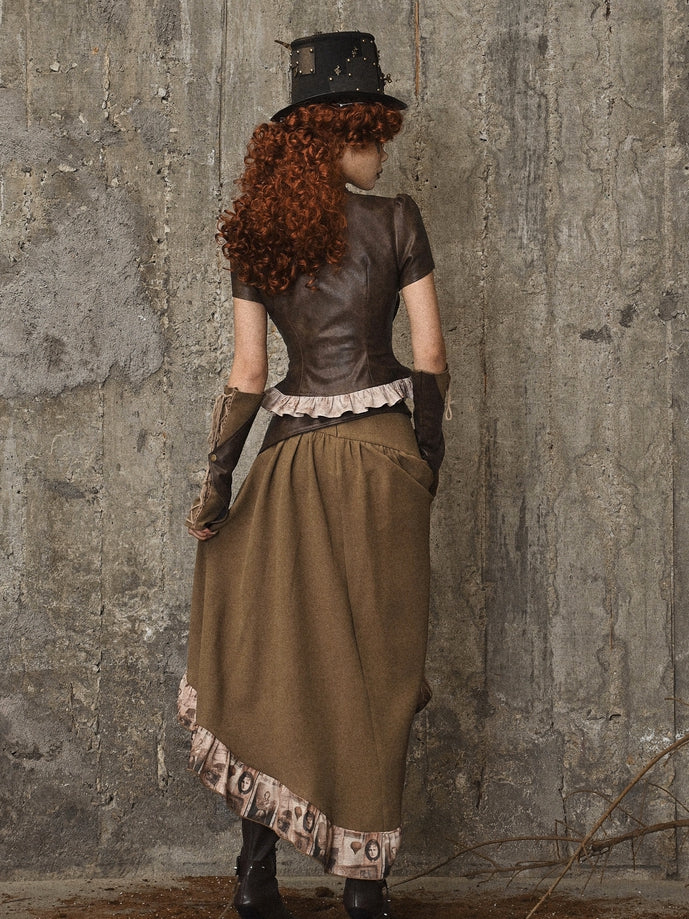 Brown Steampunk Open Bust PU Leather Banded Collar Top
