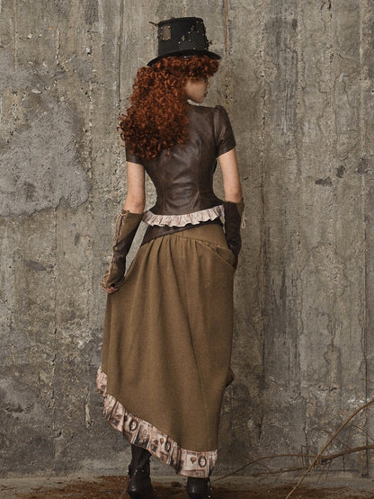 Brown Steampunk Open Bust PU Leather Banded Collar Top