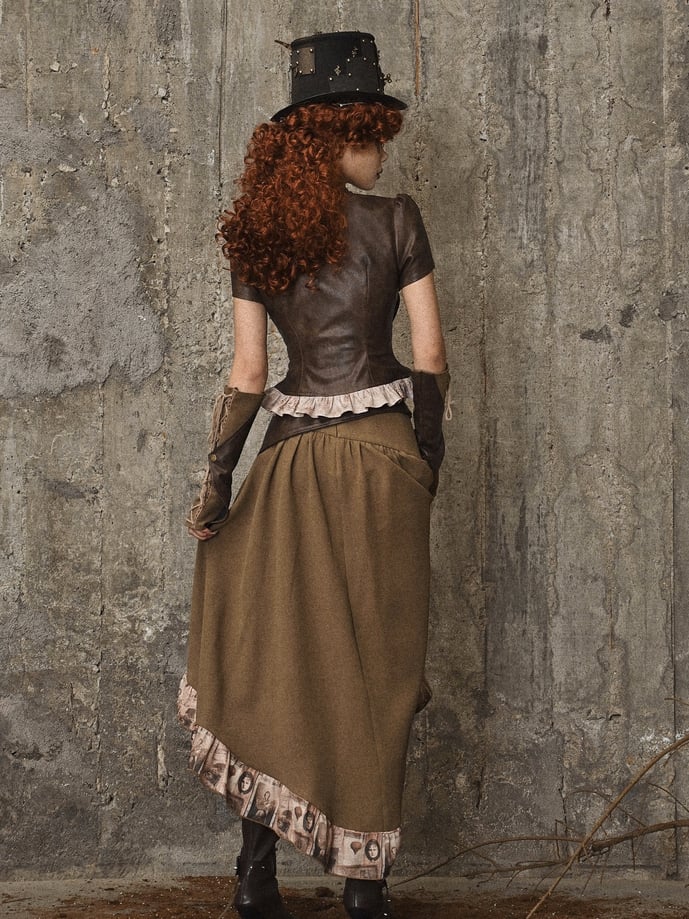 Brown Steampunk Open Bust PU Leather Banded Collar Top