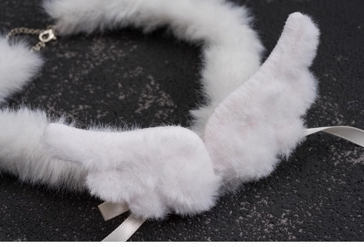 White Angel Wing Bow Plush Choker