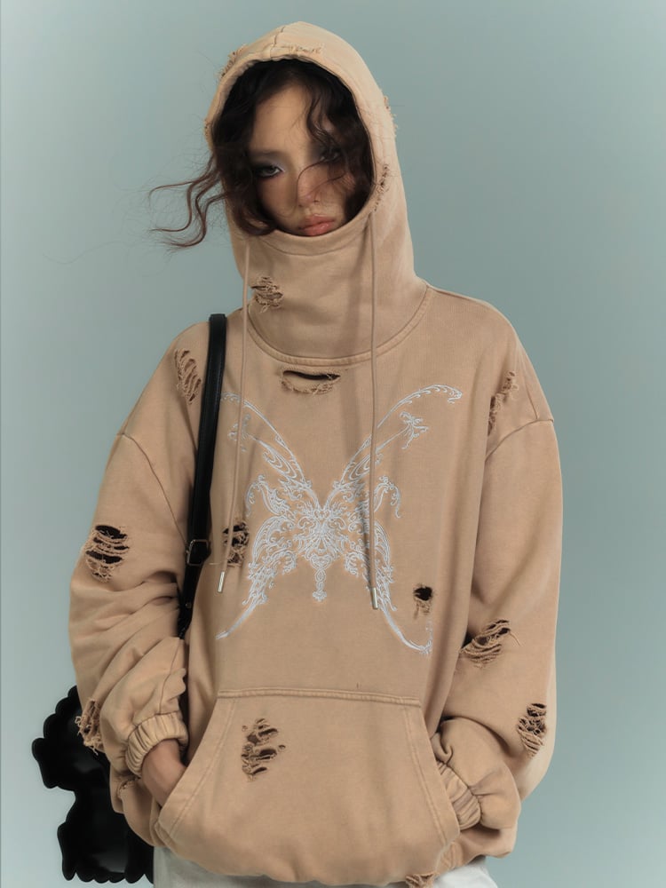Butterfly Embroidery Camel Distressed Holes Punk Hoodie