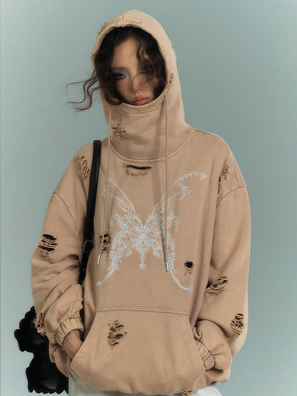 Butterfly Embroidery Camel Distressed Holes Punk Hoodie