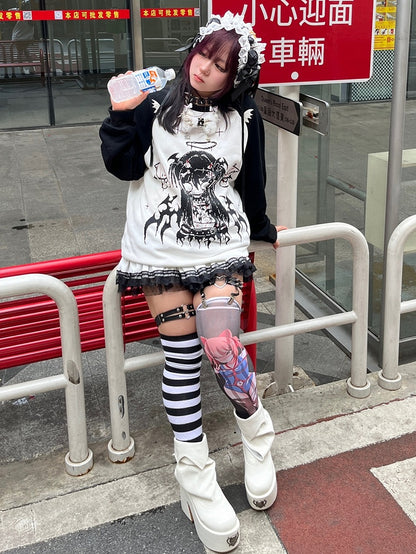 Black & White Evil Girl Print Devil Wing Design Sweatshirt