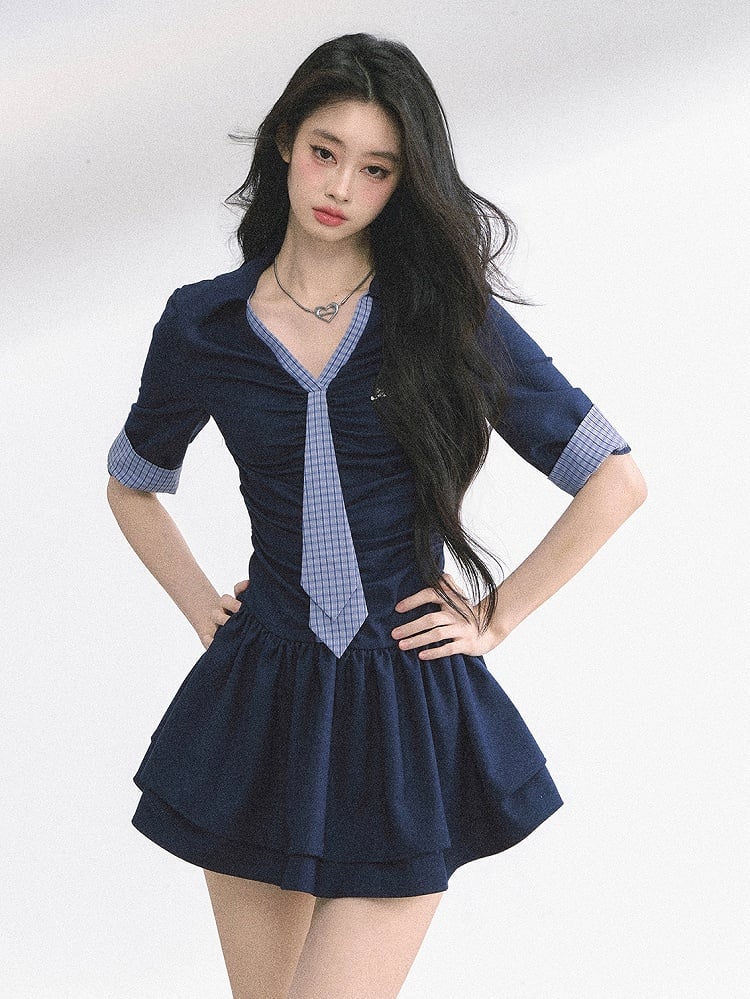 Plaid Tie Design Navy Blue Preppy Style V-neck Mini Dress