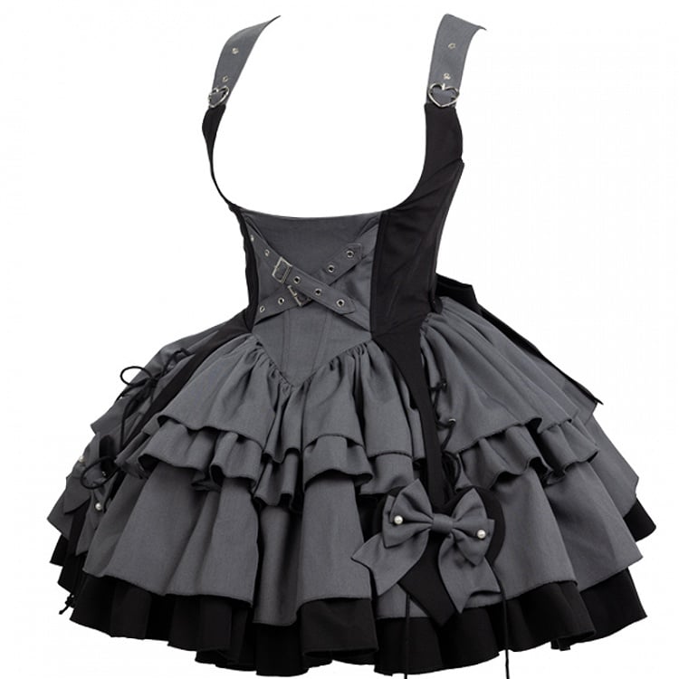 Gray and Black Under Bust Techwear Buckle Strap Lolita Dress