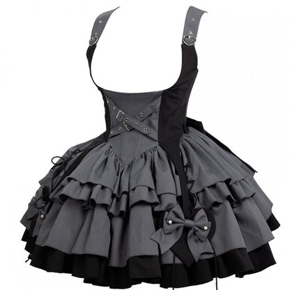 Gray and Black Under Bust Techwear Buckle Strap Lolita Dress