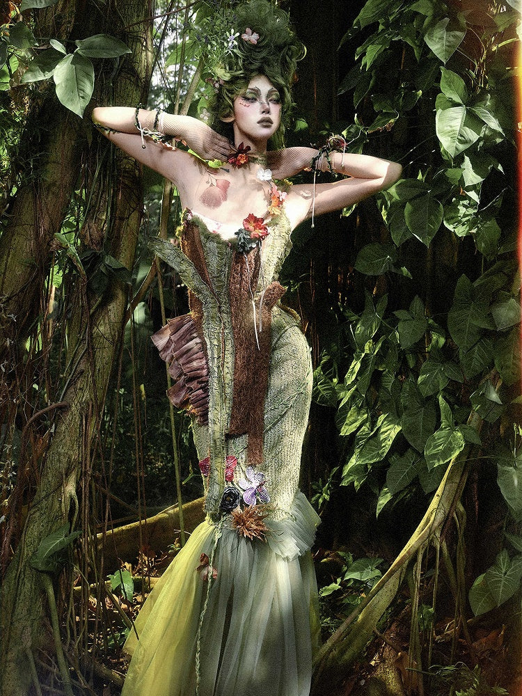 Butterfly and Floral Decorated Green Forest Fairy Goth Double Layers Tulle Hem Mermaid Skirt