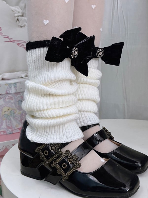 Black/White Leg Sleeves With Black Bowknot Details