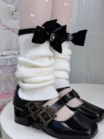 Black/White Leg Sleeves With Black Bowknot Details