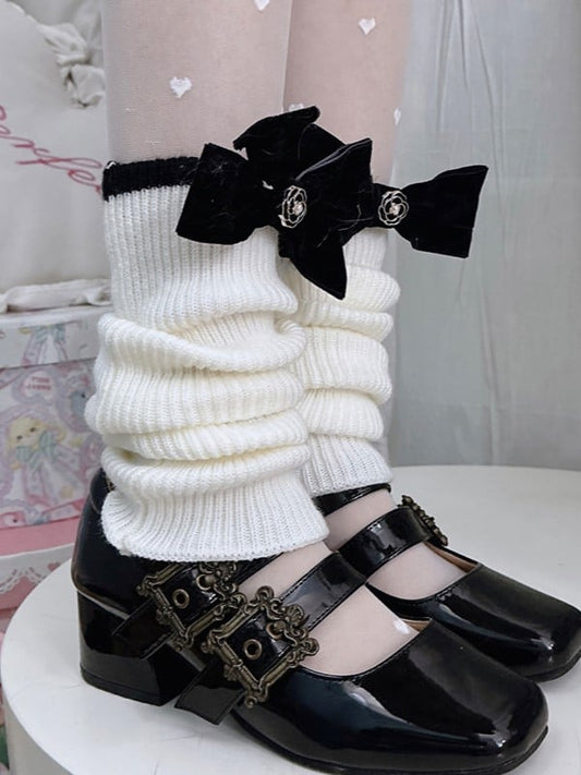 Black/White Leg Sleeves With Black Bowknot Details