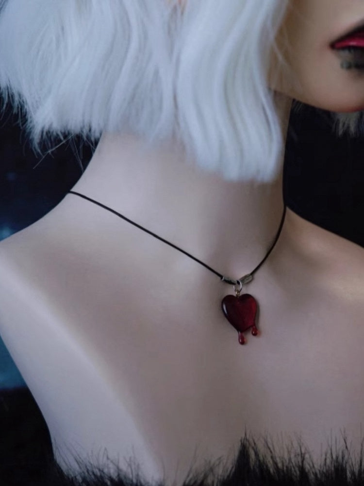 Gothic Red Heart Pendant Black Necklace