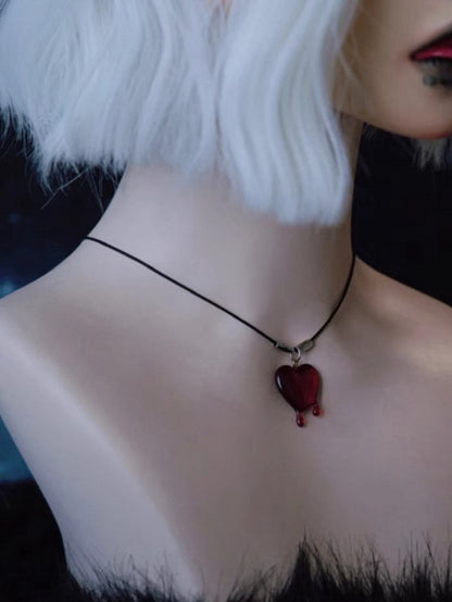 Gothic Red Heart Pendant Black Necklace