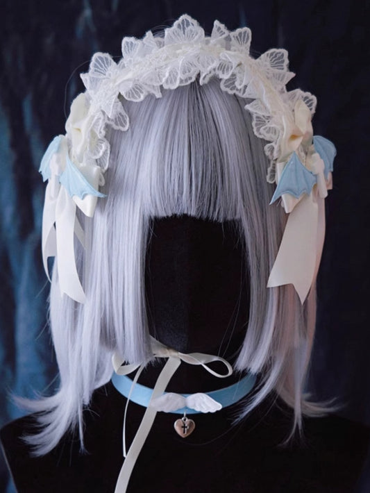 Crosses and Blue Wings White Bowknots Lace Hairband