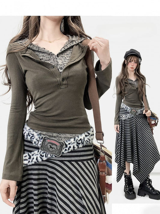 Army Green Wasteland Punk Two-piece Hoodie Top