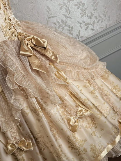 Champagne Corset Waist Drawstring Overlay Skirt Lolita Jumper Skirt