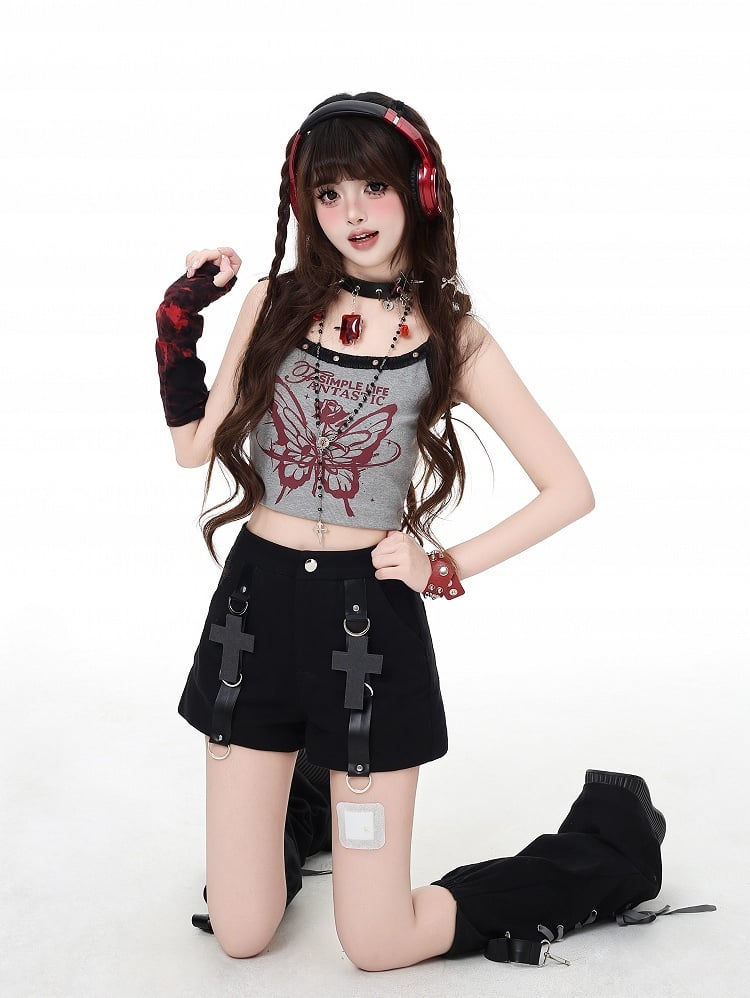Black Cross Embellished Shorts with Lace-up Detail Detachable Leg Warmers