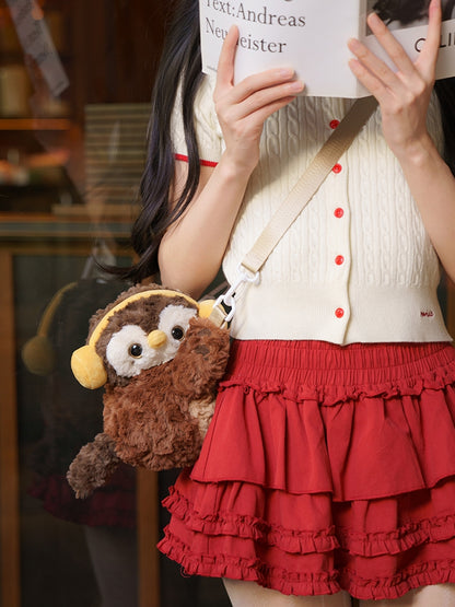 Brown Cute Plush Owl Backpack/Crossbody Bag+ Keychain