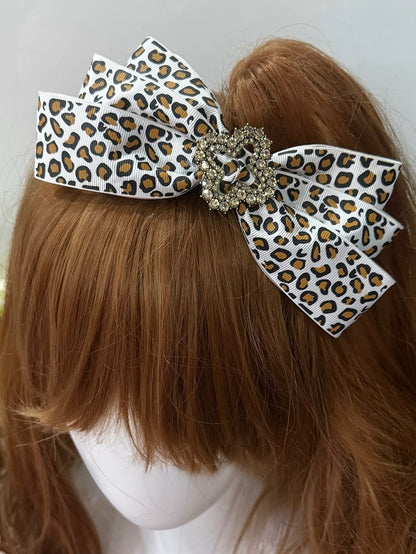 5 Color Options Rhinestone Decorated Leopard Pattern Bowknot Hairclip