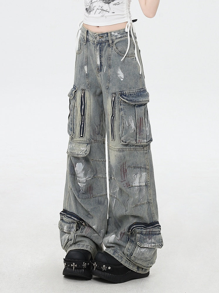 Black/Light Blue Low Rise Spray Paint Print Wide-leg Cargo Jeans