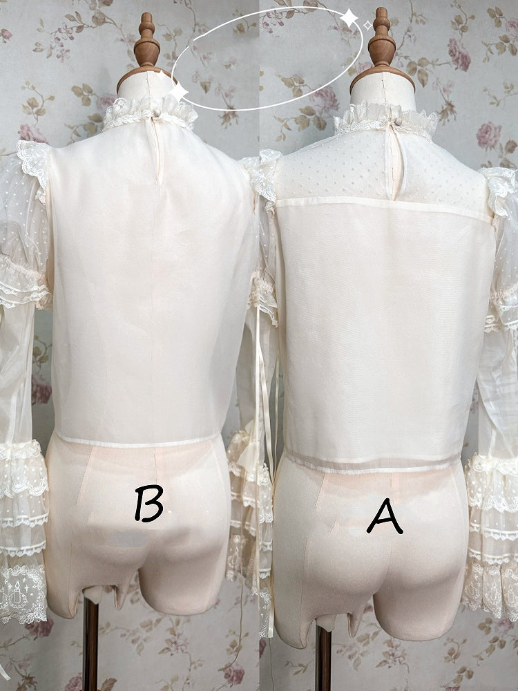 Creamy White Dotted Tulle Puff Sleeves Blouse with Detachable Sleeves