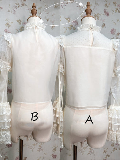 Creamy White Dotted Tulle Puff Sleeves Blouse with Detachable Sleeves