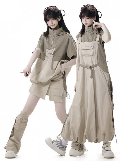 Khaki Snap and Drawstring Detail Techwear Skort