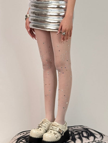 Black/White/Brown/Red Y2K Rhinestone Decorated Fishnet Design Tights