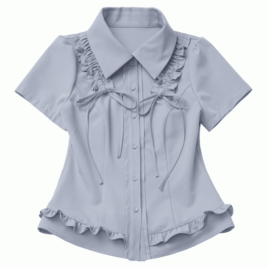 Dusty Blue Ruffle Trim Drawstring Details Preppy Style Slim-fitting Shirt