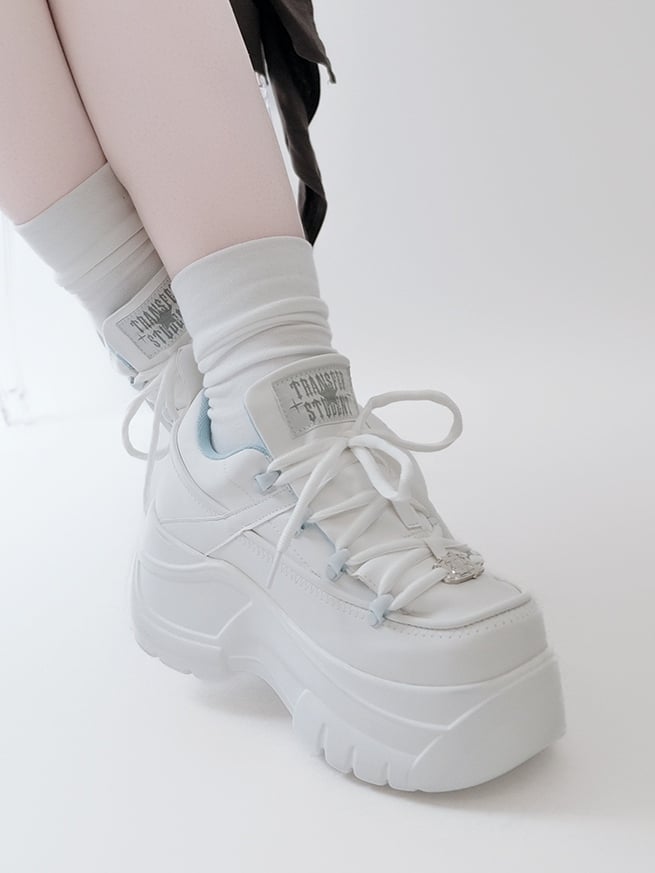 PU Leather with Classic Lacing System Matte White Platform Sneakers in Jirai Kei
