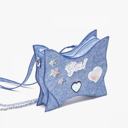 Stars and Sweethearts Decorated Denim Blue Butterfly Shaped Backpack