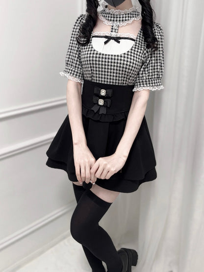 Jirai Kei Black and White Plaid Banded Collar Cutout Front Short Sleeves Blouse