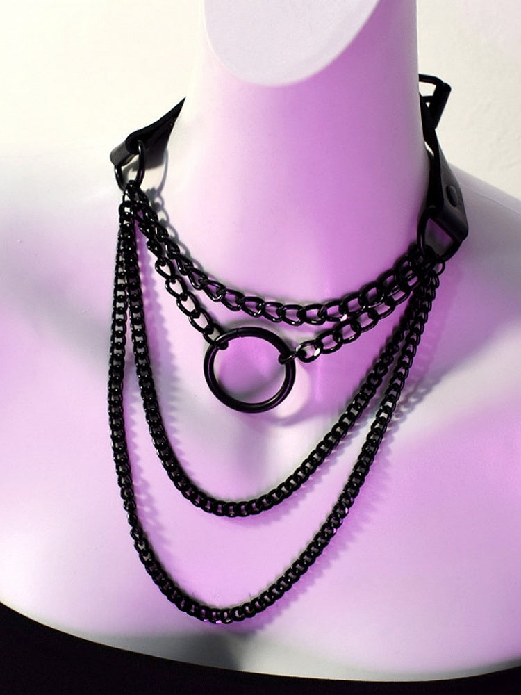 Black Cyberpunk Buckle Necklace + Silver Necklace