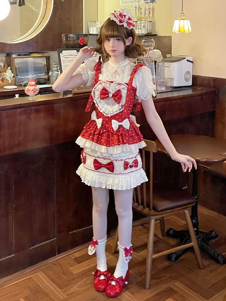 Red Polka Dots Sweet Bow Accents Lolita Full Set - Cami Top + Skirt + Puff Sleeves Cropped Top