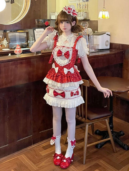Red Polka Dots Sweet Bow Accents Lolita Full Set - Cami Top + Skirt + Puff Sleeves Cropped Top
