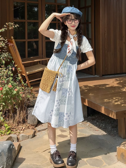 Blue Plaid and Floral Patchwork Design Mori Kei Denim Overall Dress