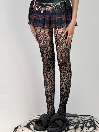 White/Black Hollow-out Design Floral Pattern Tights