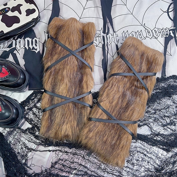 2 Options Yellow&Black Self-tie Strap Shaggy Plush Arm/Leg Warmers