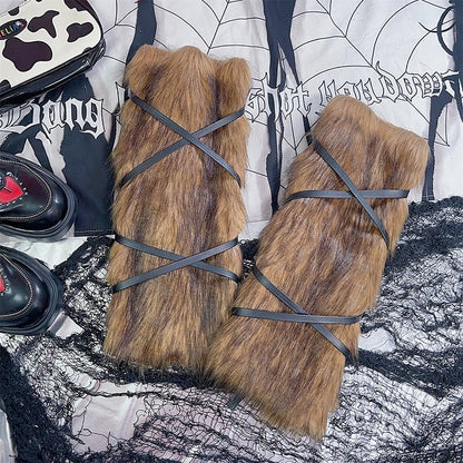 2 Options Yellow&Black Self-tie Strap Shaggy Plush Arm/Leg Warmers