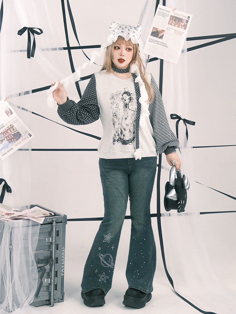 Plus Size Y2K Blue Flared Jeans with Rhinestone Planet & Star Motifs