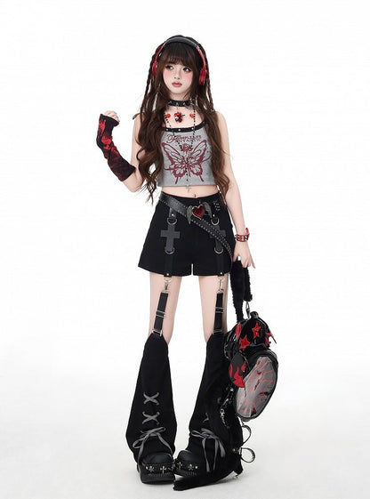 Black Cross Embellished Shorts with Lace-up Detail Detachable Leg Warmers