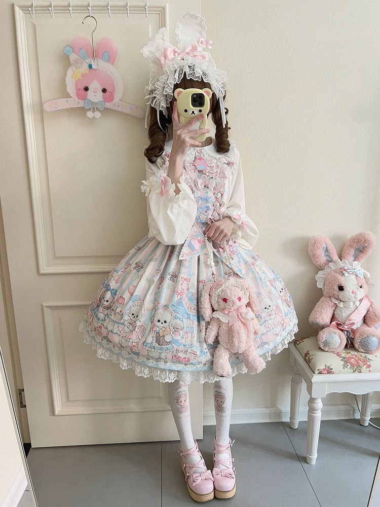 Puppy's Afternoon Tea Print Sweet Lolita Dress with Flags Ribbon
