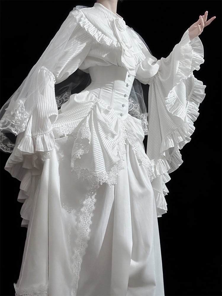 Clearance-Size L for Waist 68-72CM White Gothic Boned Corset Under Bust High Waist Aristocrat Lolita Skirt