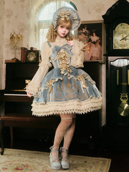 Bows Decoration Candle Embroidery Blue Velvet Dress Lolita JSK / Set